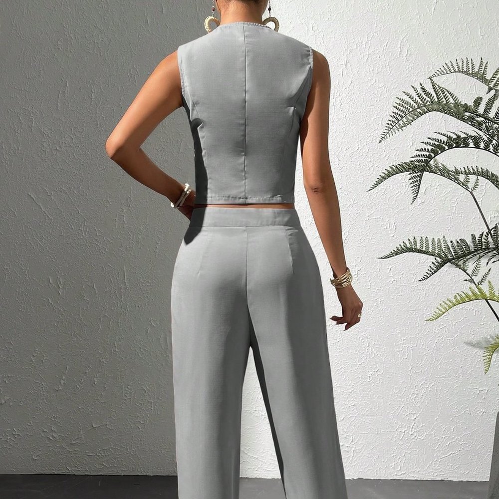 Chic Button Front Vest Blazer & Pants Suit Set Grey - Picture 2 of 5